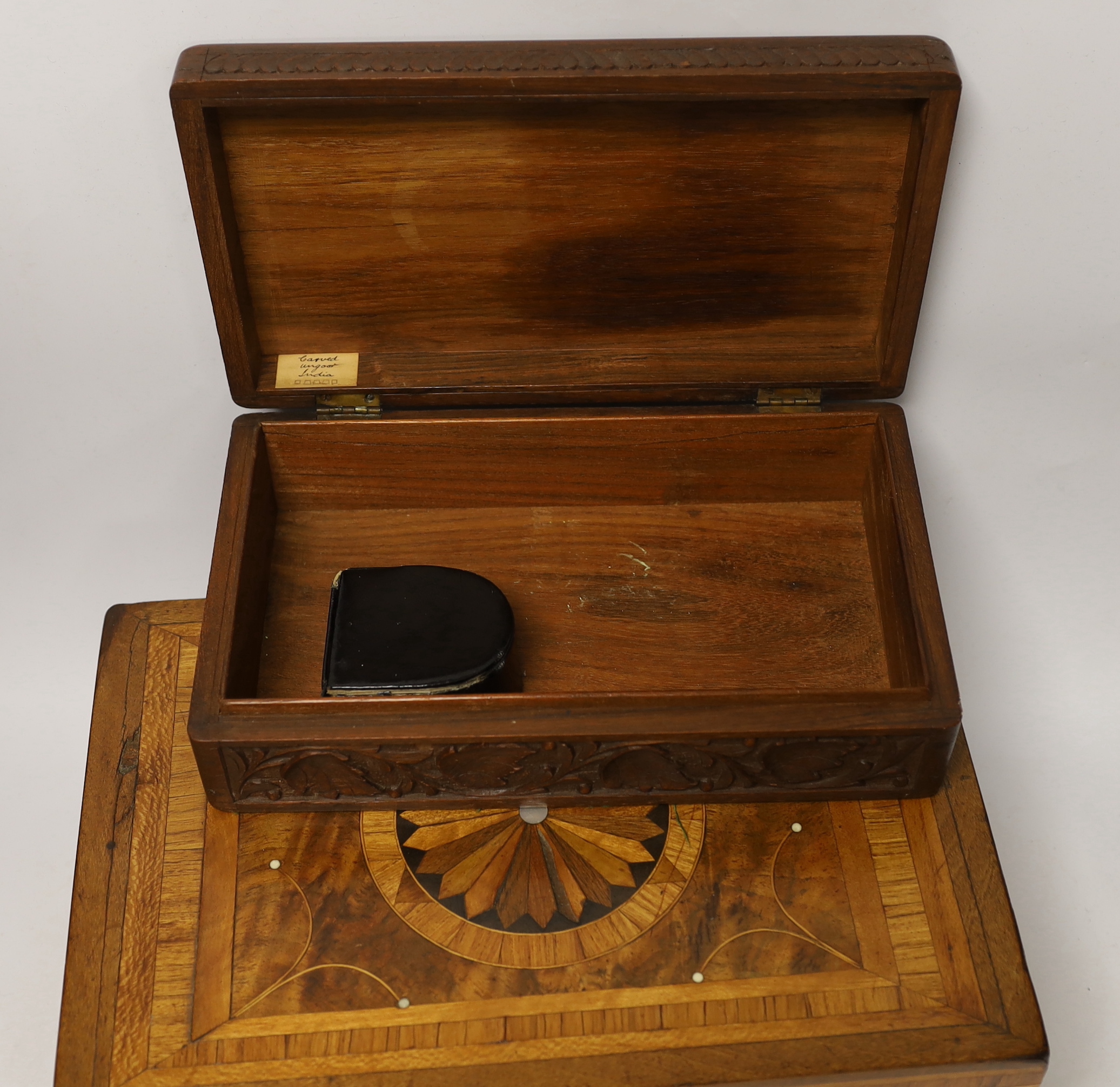 Letter scales and weights, a inlaid box, a carved box, a pair of plated coasters, carriage clock, inlaid box 33cm wide x 13cm high